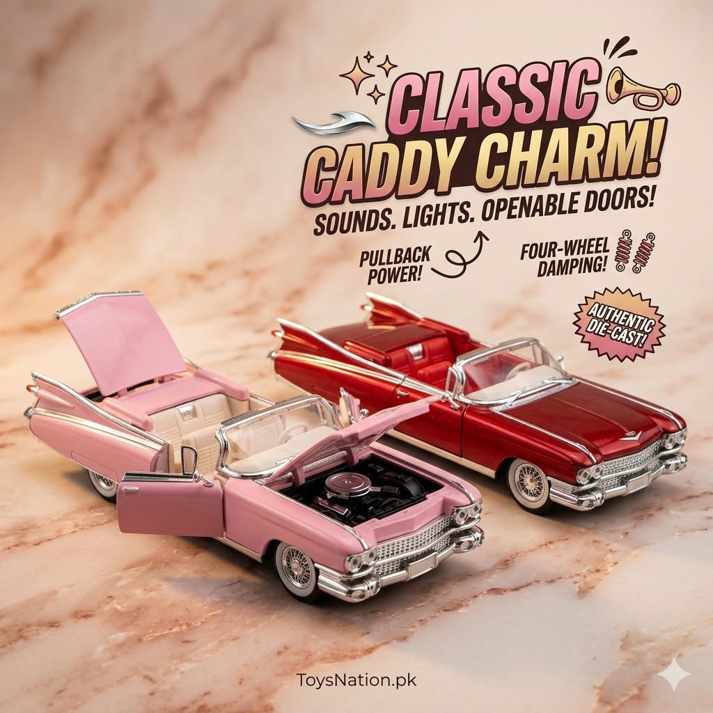 1:24 Classic Caddy Charm 1959 Cadillac Convertible Diecast Model | Pullback Power, Lights, Sound & Opening Doors Main image