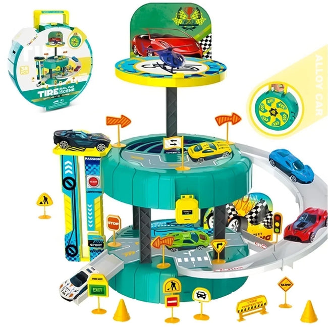Car Track Racing Set - Multi-Level Parking Ramp Toy Hover Image