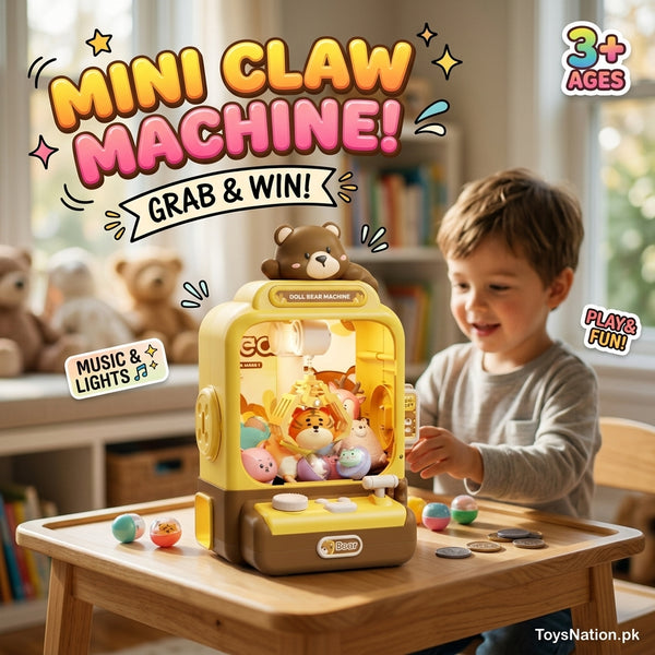 Kids’ Bear-Themed Mini Claw Machine with Music, Lights & Toy Prizes