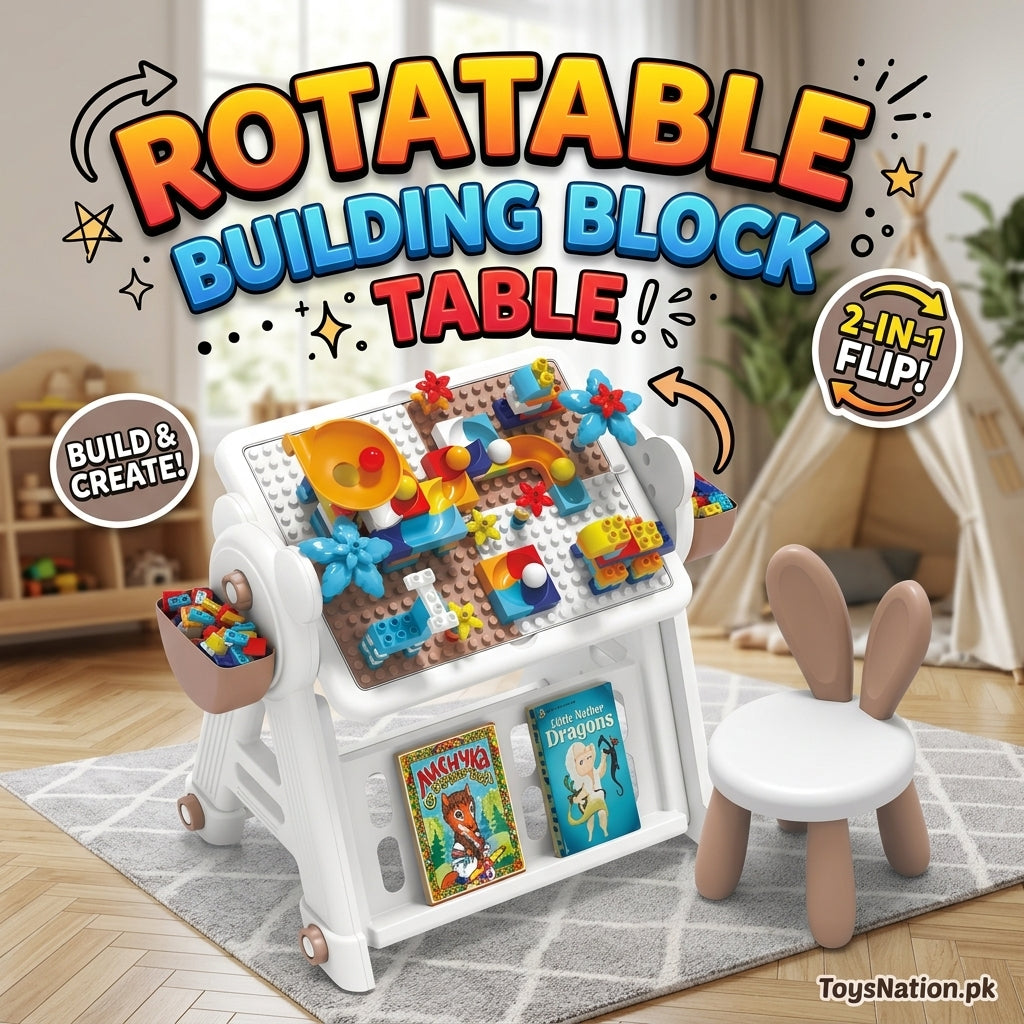 Kids’ 2-in-1 Rotatable Building Block Activity Table with Chair & Storage Main image