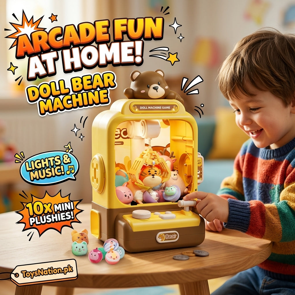 Kids’ Bear-Themed Mini Claw Machine with Music, Lights & Toy Prizes