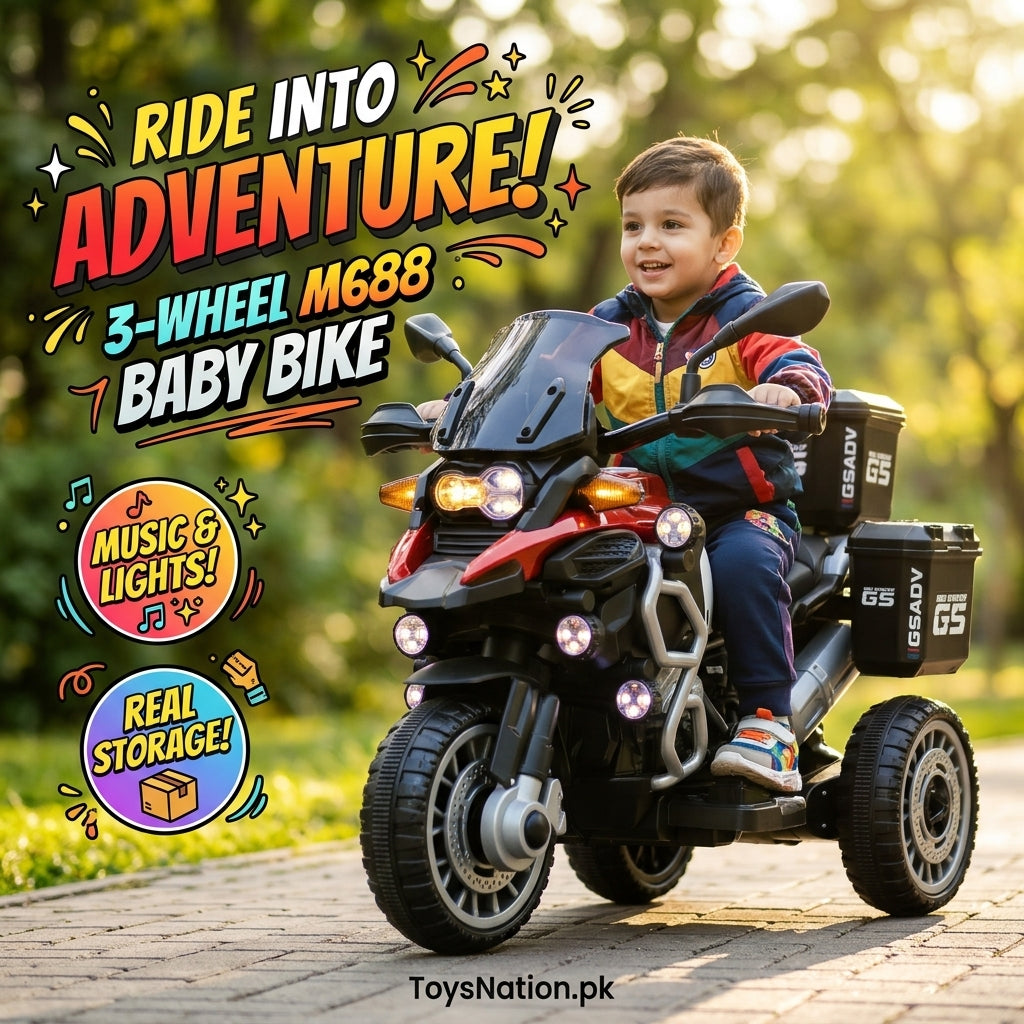 Kids 3-Wheel Ride-On Adventure Bike with Music, Lights & Storage