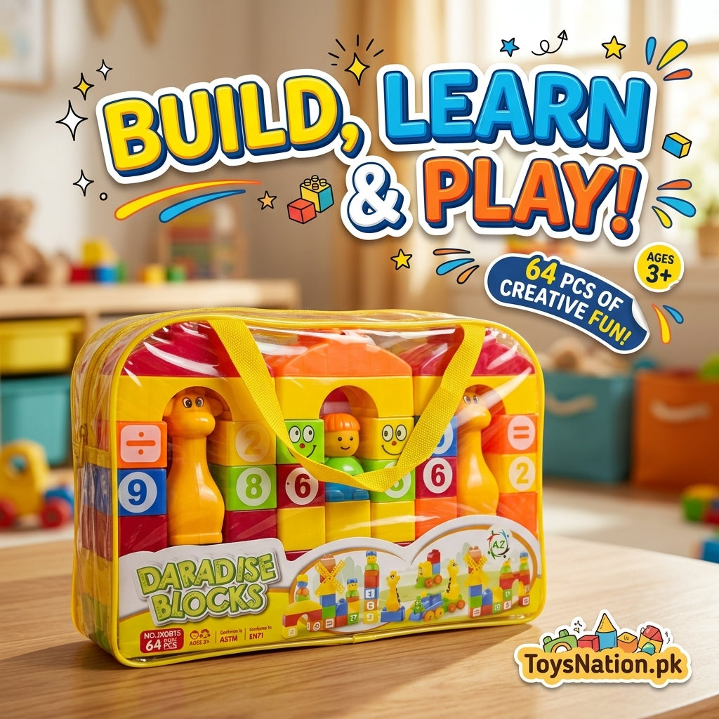 64-Piece Colourful Building Blocks Set with Numbers & Carry Bag