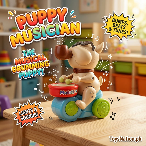 Puppy Musician Drumming Toy with Rolling Wheels for Kids