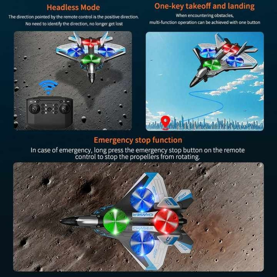 RC Fighter Jet Drone - Remote Control Helicopter with LED Lights & Stunt Flying