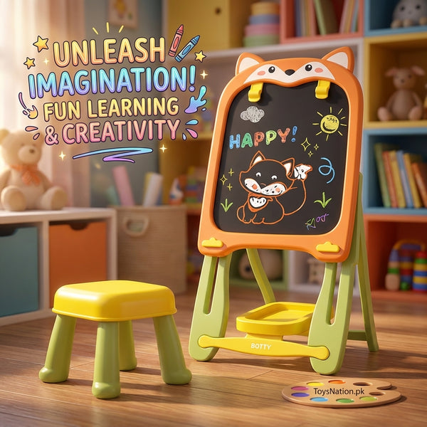Fox Easel & Stool Set With Chalkboard & Storage – Kids Drawing & Learning Board