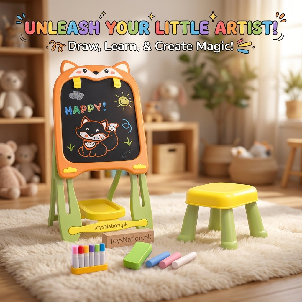 Fox Easel & Stool Set With Chalkboard & Storage – Kids Drawing & Learning Board