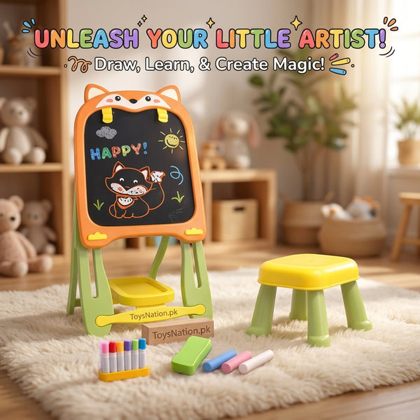 Fox Easel & Stool Set With Chalkboard & Storage – Kids Drawing & Learning Board