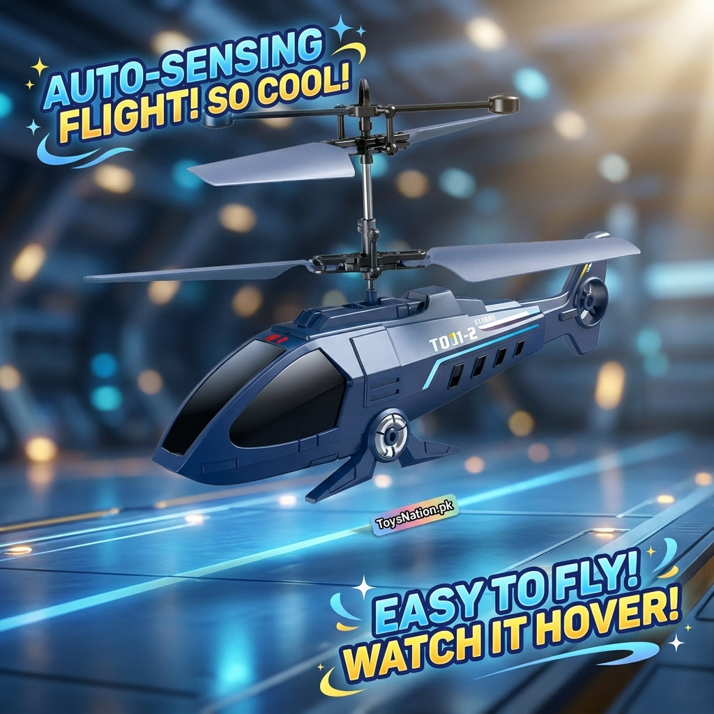 Auto-Sensing RC Helicopter with LED Lights & Smartwatch Controller – Indoor Flying Toy