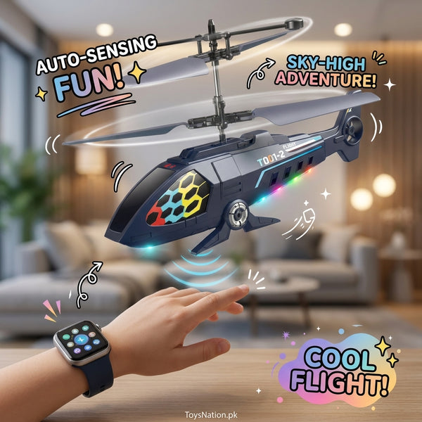 Auto-Sensing RC Helicopter with LED Lights & Smartwatch Controller – Indoor Flying Toy