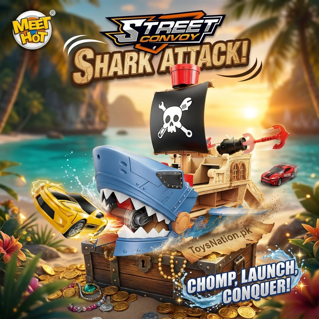 Meet Hot Street Convoy Pirate Shark Car Playset – Chomp, Launch & Anchor-Grab Action with 3 Cars
