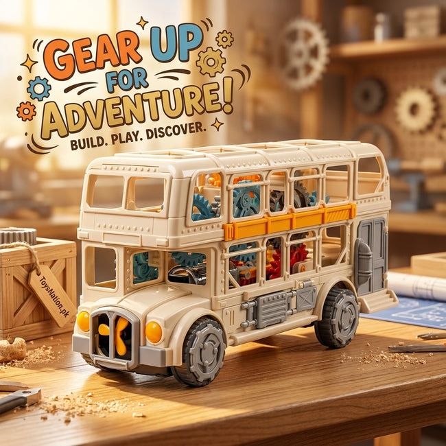 Transparent Double Decker Bus Toy with Working Gear Mechanism – STEM Educational Vehicle for Kids Hover Image