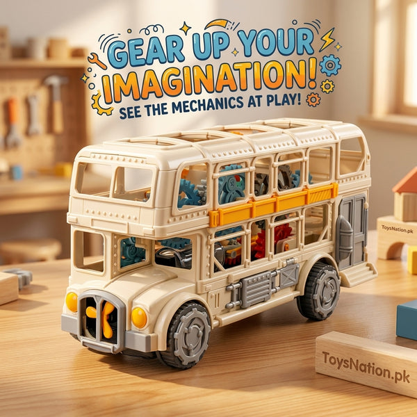 Transparent Double Decker Bus Toy with Working Gear Mechanism – STEM Educational Vehicle for Kids