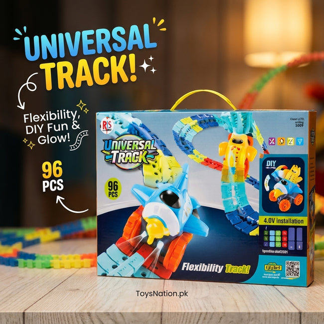Universal Flex Track Set - 96-Piece DIY Racing Track with Light-Up Car Hover Image