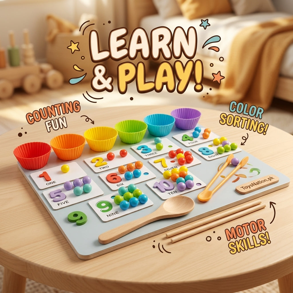 Montessori Counting & Color Sorting Activity Board with Beads, Cups and Number Cards Main image