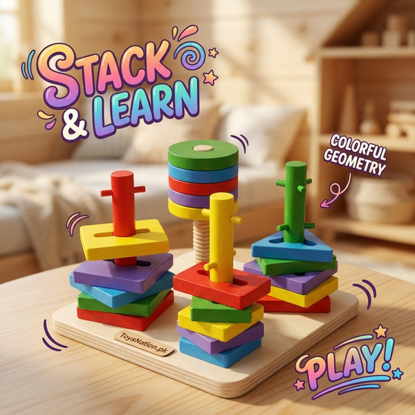 4-in-1 Wooden Shape Sorter & Stacking Toy – Montessori Learning Toy for Kids