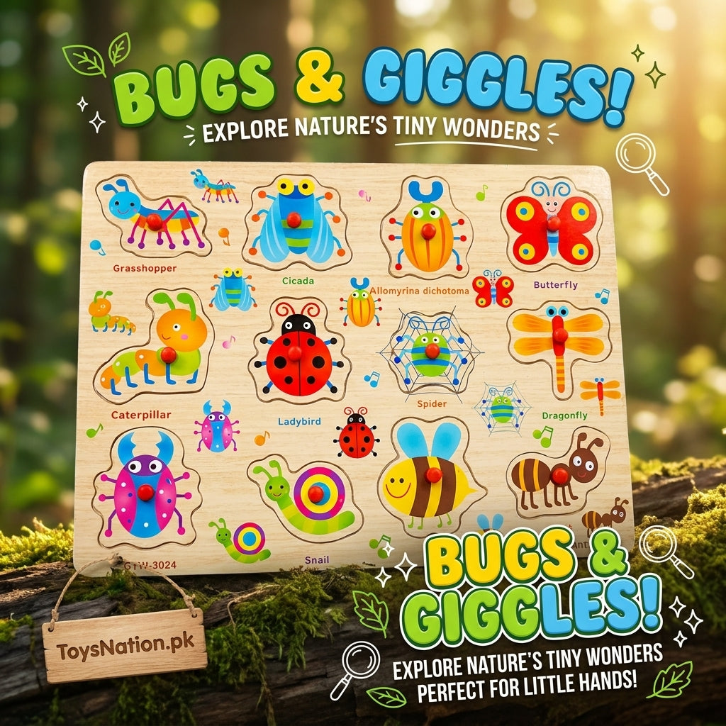 Wooden Insects & Bugs Peg Puzzle Board – Learn & Identify 12 Creatures | Educational Toy for Toddlers