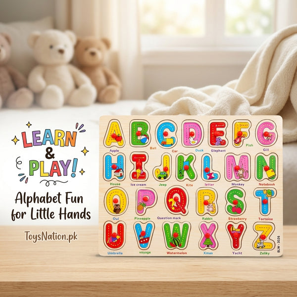 Wooden Alphabet Peg Puzzle Board – 26 Letters A-Z Educational Toy for Toddlers & Kids
