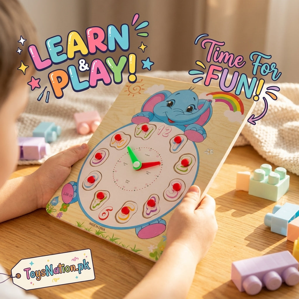 Wooden Elephant Clock Puzzle Board – Learn to Tell Time | Educational Peg Toy for Toddlers
