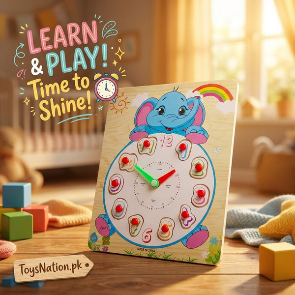 Wooden Elephant Clock Puzzle Board – Learn to Tell Time | Educational Peg Toy for Toddlers