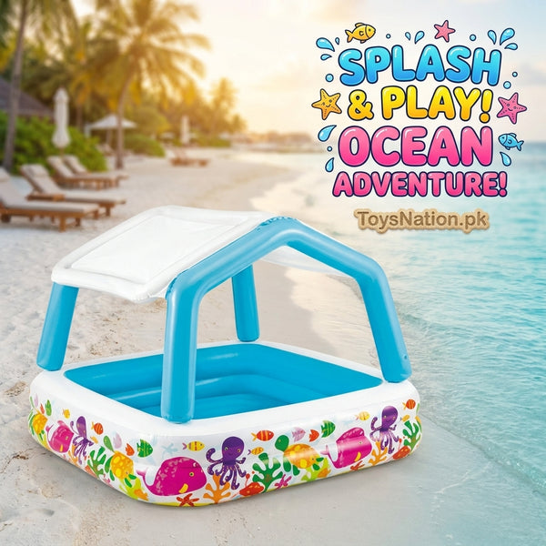 Ocean World Square Inflatable Baby Pool | Sun Shade Canopy with Sea Life Print for Babies & Toddlers