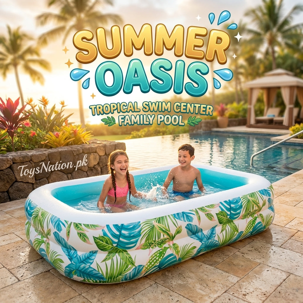 Tropical Oasis Large Inflatable Family Pool | Monstera Leaf Print Rectangular Swim Center for Kids & Adults Main image