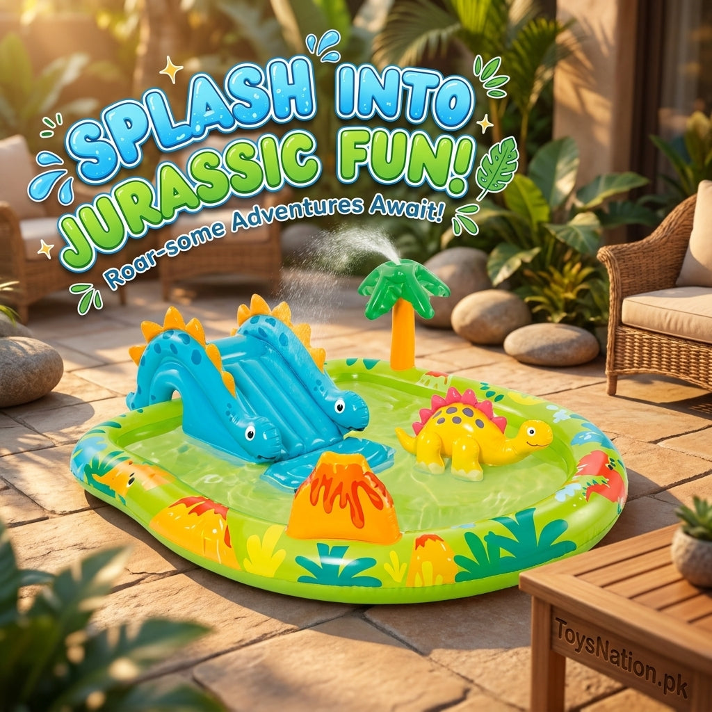 Dino Splash Land Inflatable Water Play Center | Dinosaur Slide Pool with Sprinkler & Dino Figures for Kids