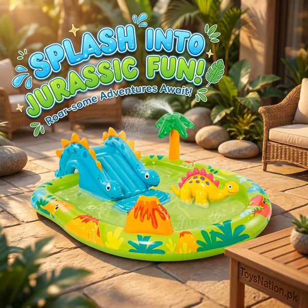 Dino Splash Land Inflatable Water Play Center | Dinosaur Slide Pool with Sprinkler & Dino Figures for Kids