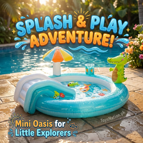 Mini Oasis Inflatable Kids Water Play Center | Slide, Sprinkler Umbrella & Crocodile Pool for Toddlers