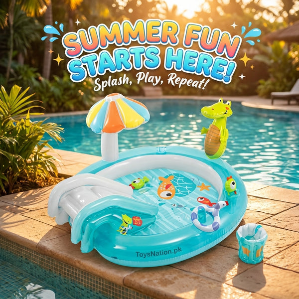 Mini Oasis Inflatable Kids Water Play Center | Slide, Sprinkler Umbrella & Crocodile Pool for Toddlers