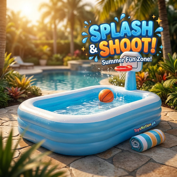 Splash & Shoot Inflatable Pool with Basketball Hoop | Rectangular Kids & Family Fun Zone Swimming Pool