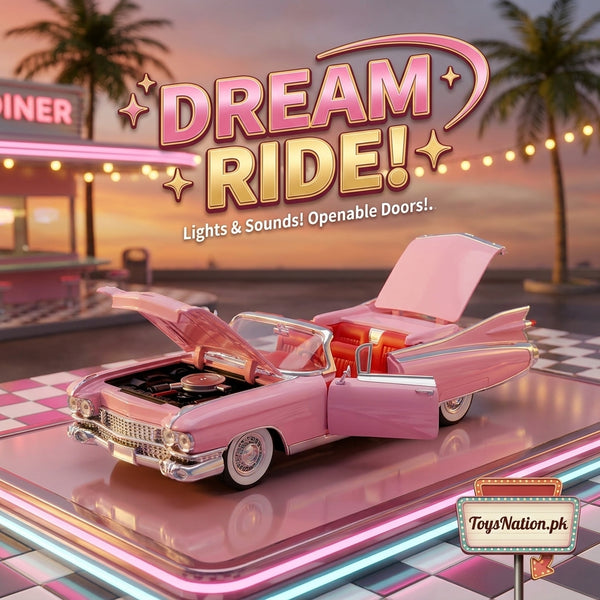 1:24 Classic Caddy Charm 1959 Cadillac Convertible Diecast Model | Pullback Power, Lights, Sound & Opening Doors
