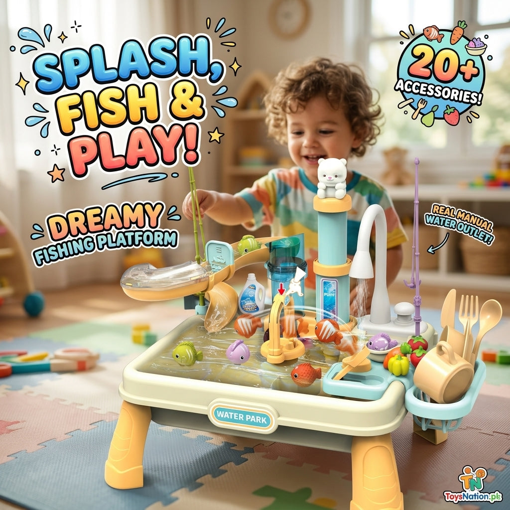 Kids’ Water Play & Fishing Activity Table with Manual Water Pump and Accessories