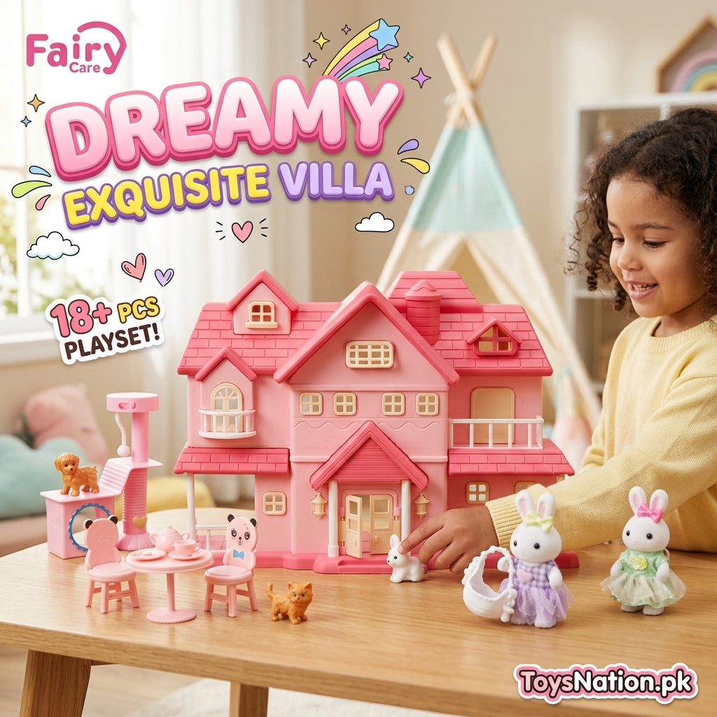 Rabbit Wonderland Villa Dollhouse Playset with Bunny Figures & Tea Party Accessories
