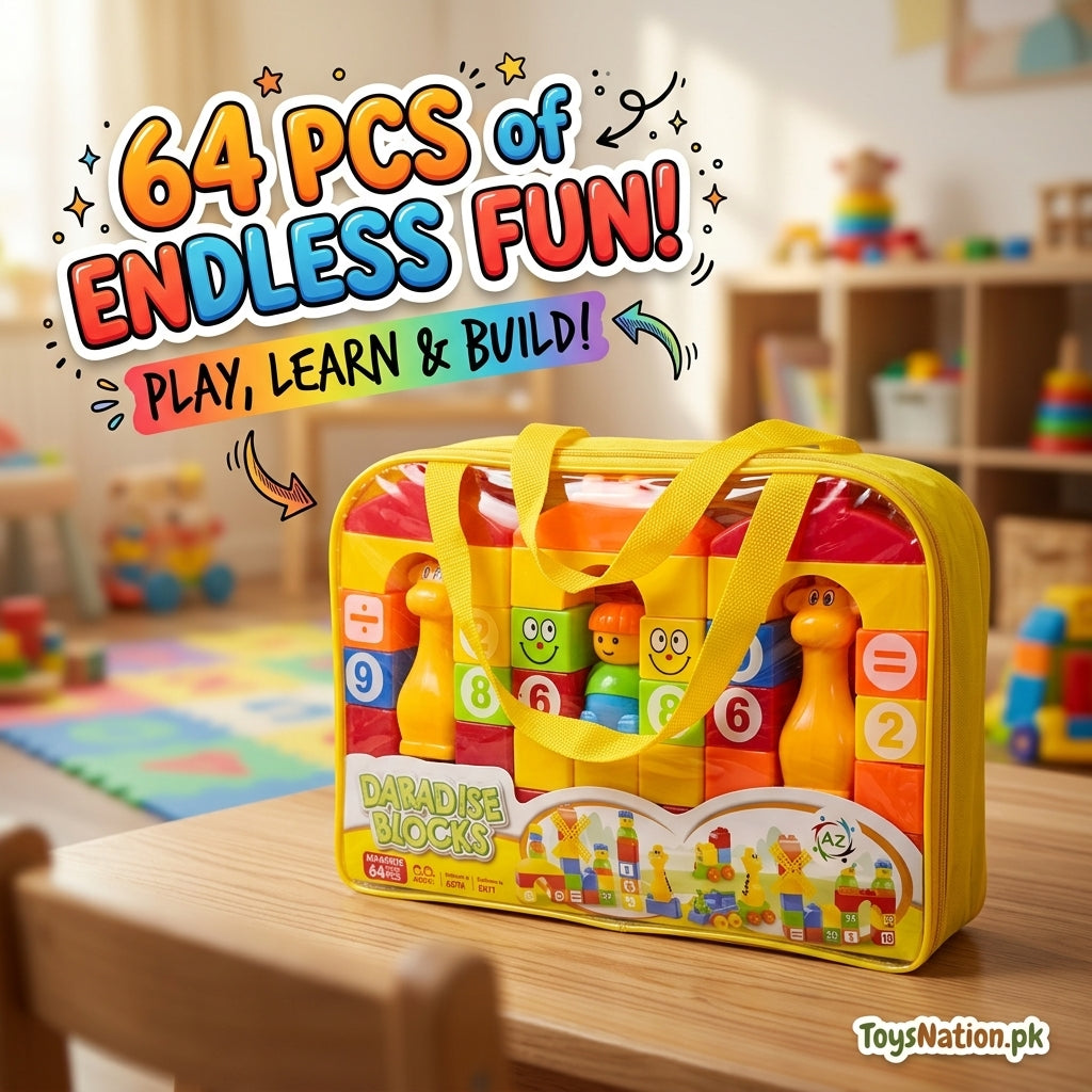 64-Piece Colourful Building Blocks Set with Numbers & Carry Bag