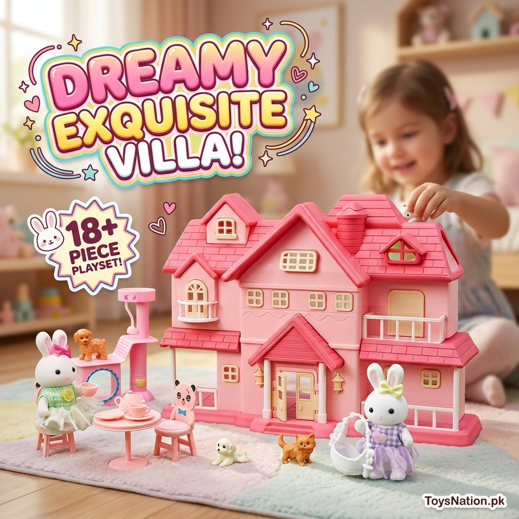 Rabbit Wonderland Villa Dollhouse Playset with Bunny Figures & Tea Party Accessories