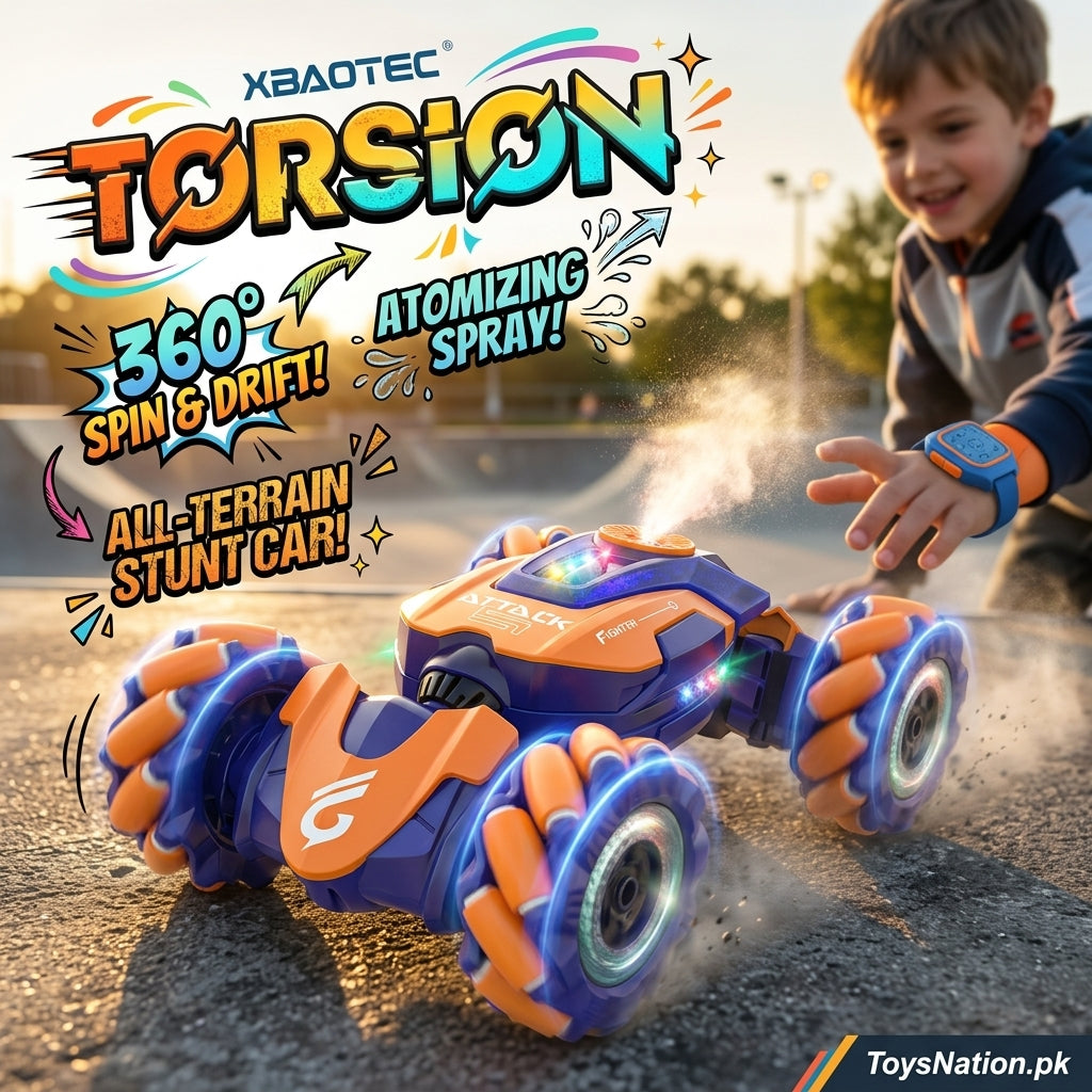 Gesture-Control RC Stunt Car with 360° Spins, LED Lights & Spray Effect