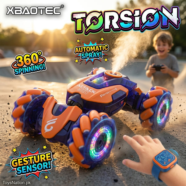 Gesture-Control RC Stunt Car with 360° Spins, LED Lights & Spray Effect