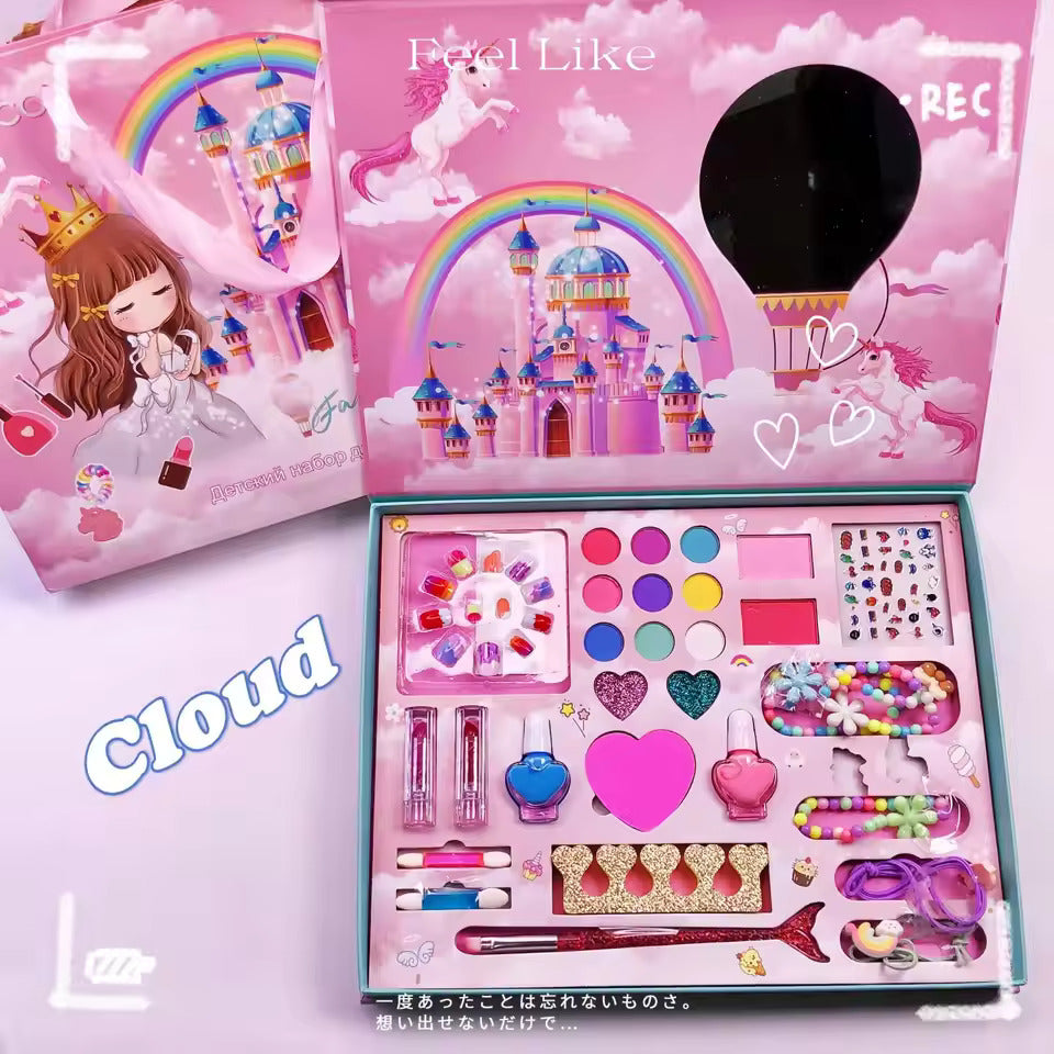 Girls Pretend Play Makeup Kit - Eye Shadow, Nail Polish & Beaded Accessories Set