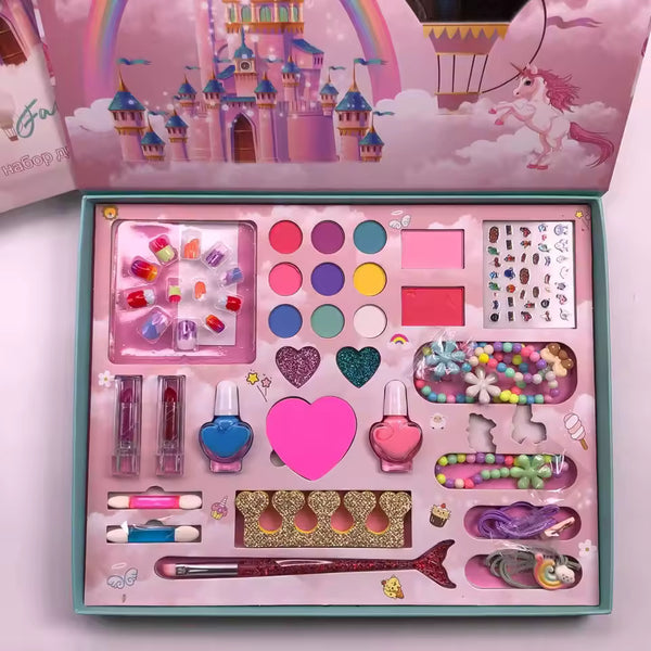 Girls Pretend Play Makeup Kit - Eye Shadow, Nail Polish & Beaded Accessories Set