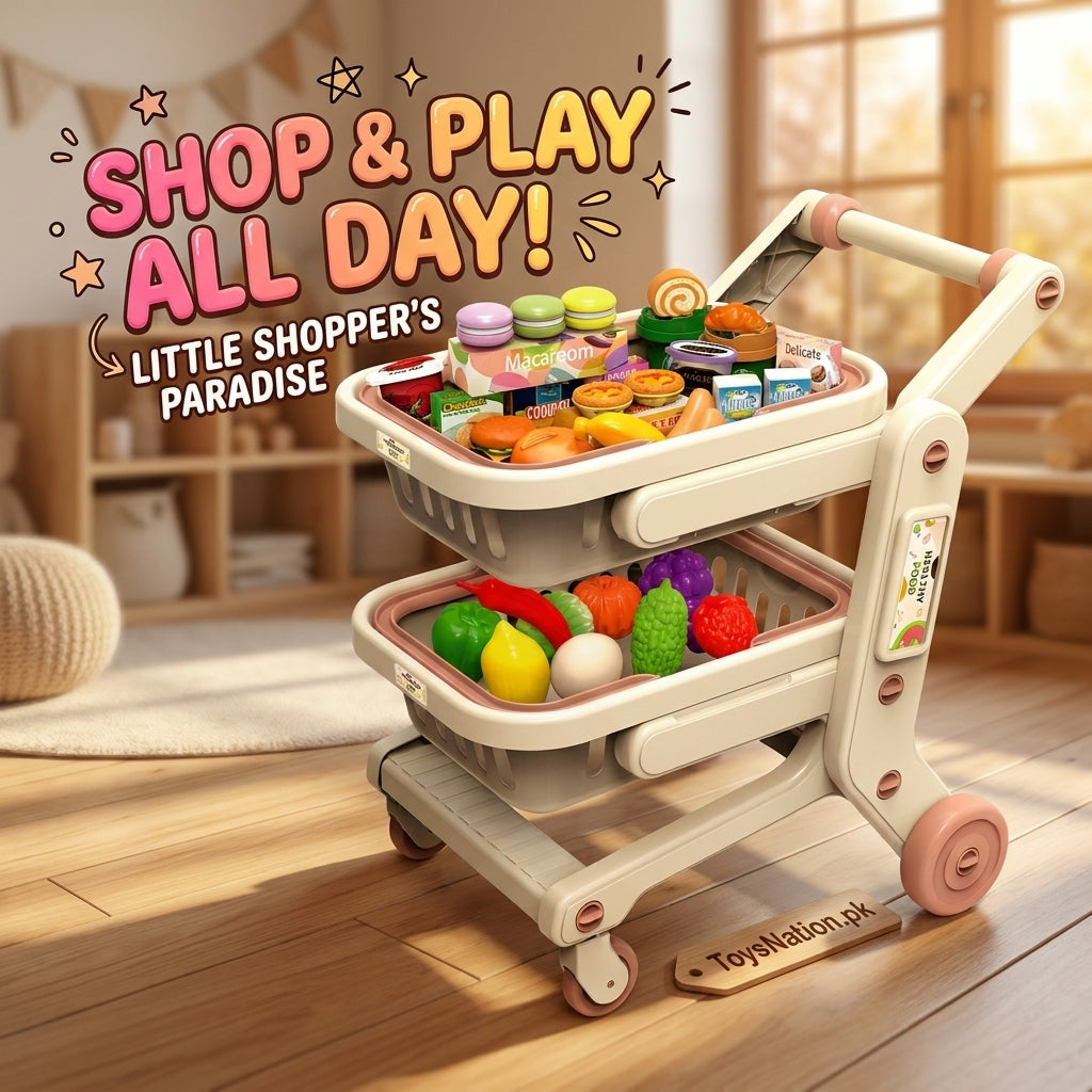 Kids Shopping Cart Playset with Play Food Accessories – Little Shopper's Toy Trolley