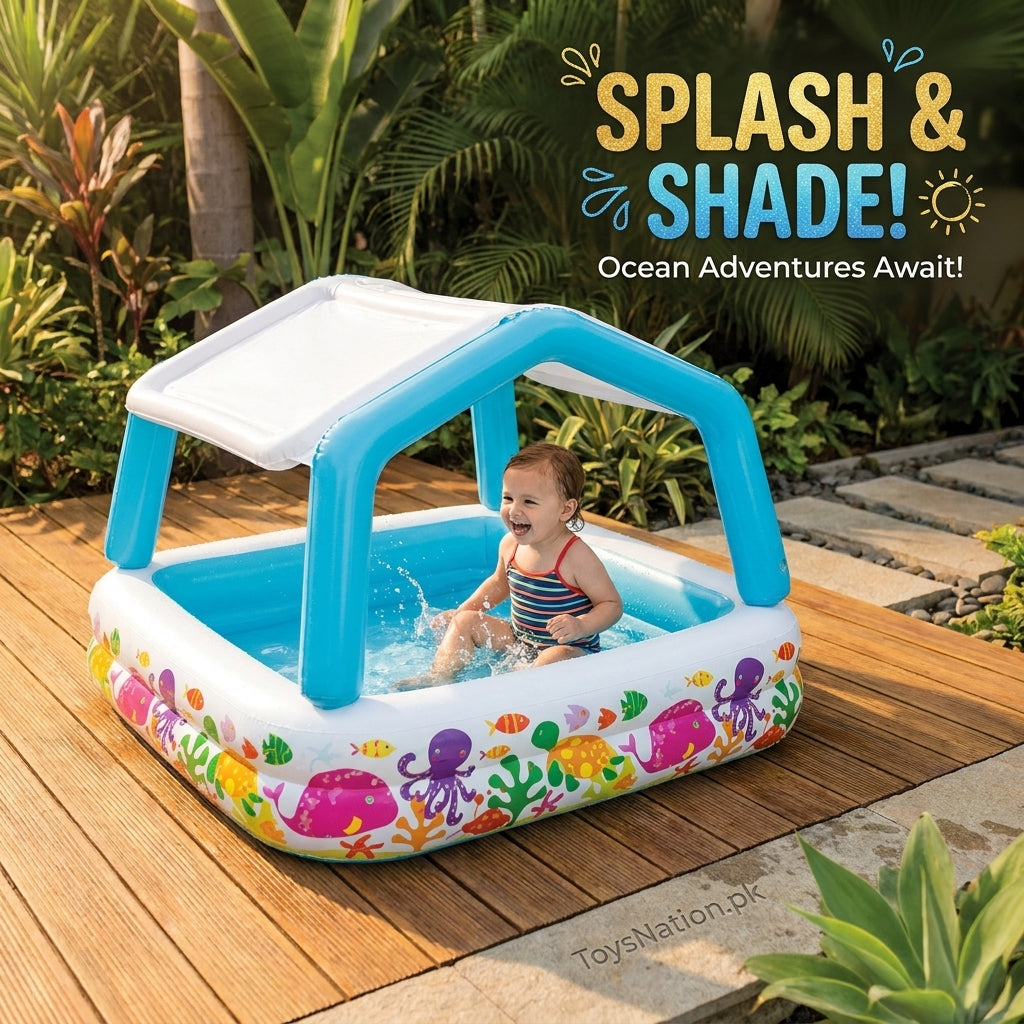 Ocean World Square Inflatable Baby Pool | Sun Shade Canopy with Sea Life Print for Babies & Toddlers Main image