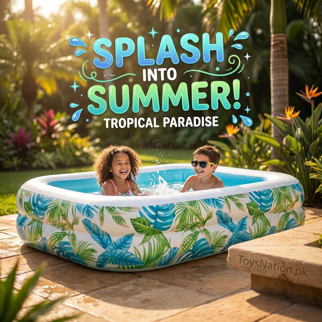 Tropical Oasis Large Inflatable Family Pool | Monstera Leaf Print Rectangular Swim Center for Kids & Adults