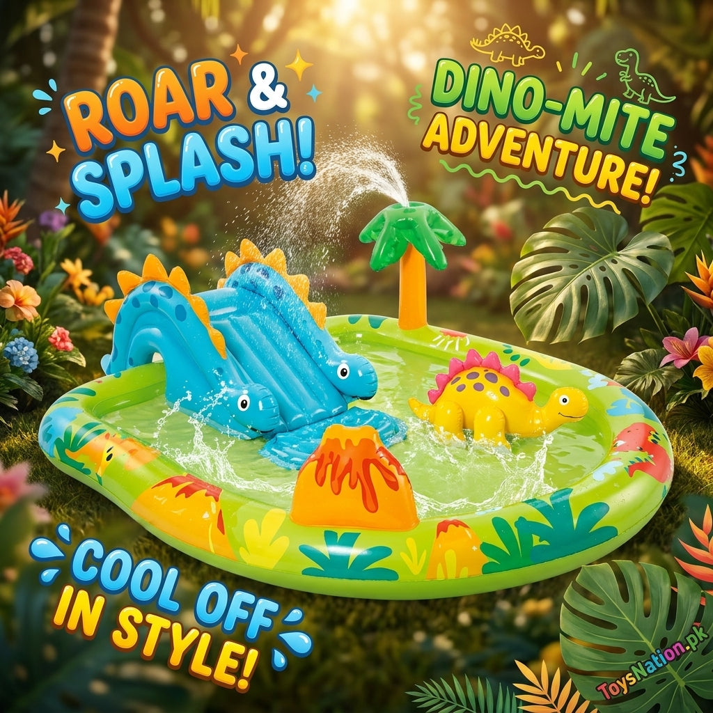 Dino Splash Land Inflatable Water Play Center | Dinosaur Slide Pool with Sprinkler & Dino Figures for Kids