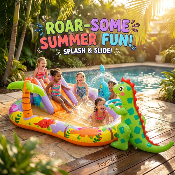 Dinosaur Splash & Slide Inflatable Play Center | Water Park with Dino Sprinkler & Palm Tree for Kids
