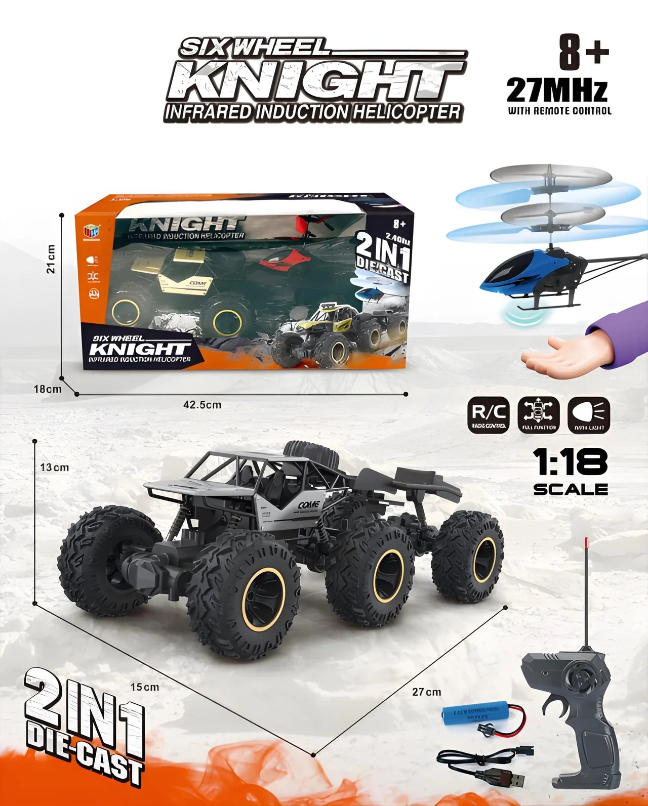1:18 Scale 2-in-1 RC Set - Six-Wheel Knight Truck & Helicopter Combo Main image