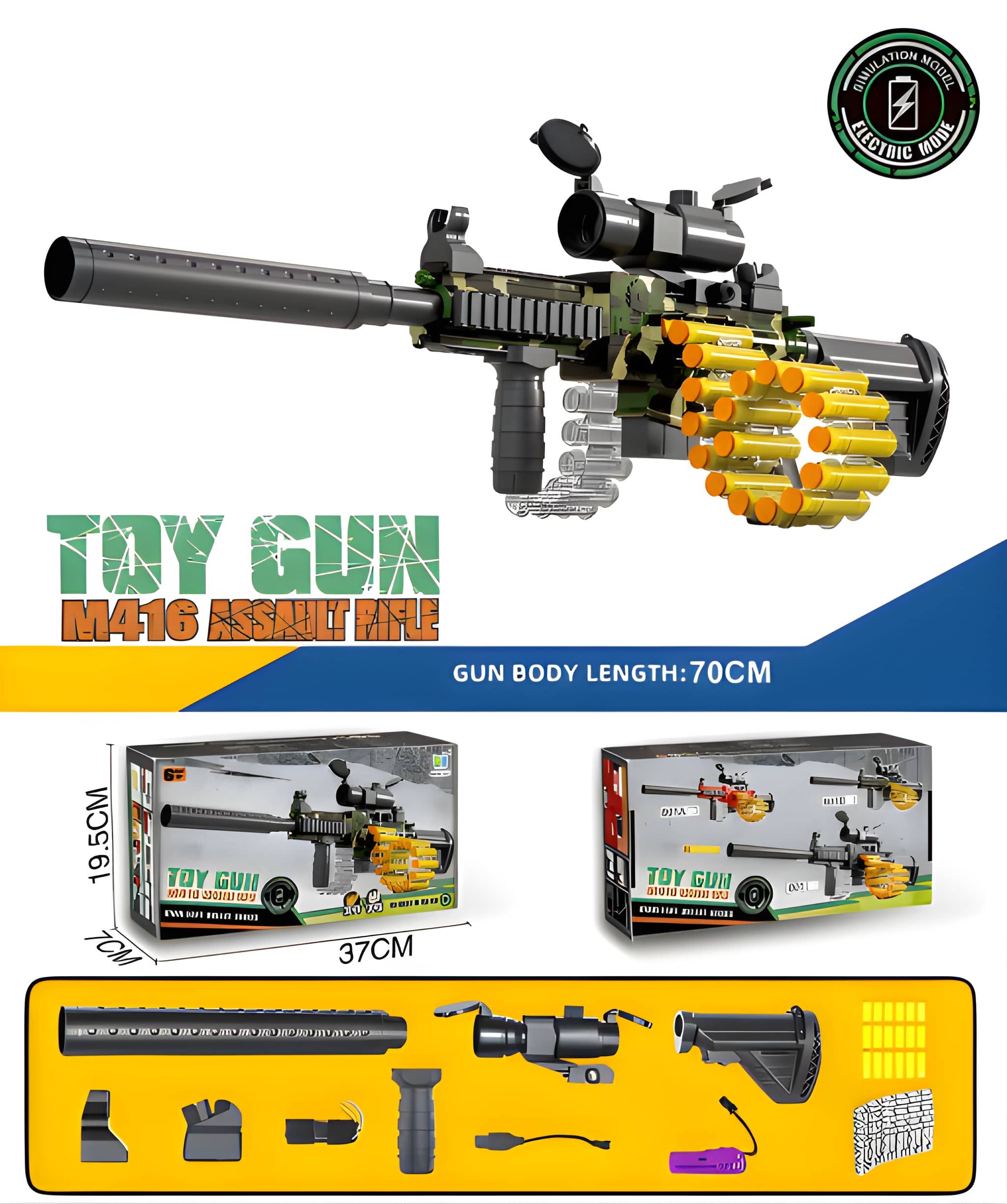 Electric Soft Bullet Toy Gun - M416 Style 70cm Blaster with Scope & Accessories