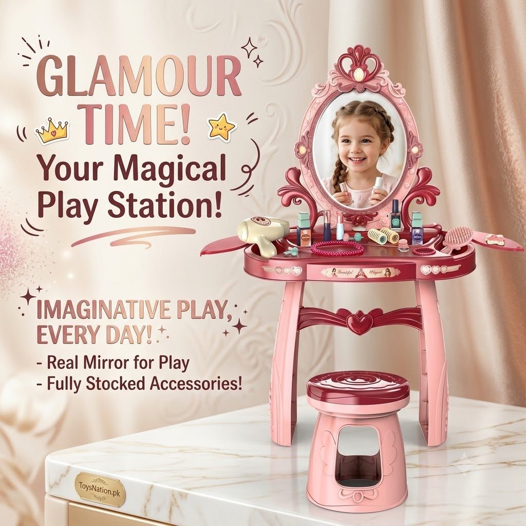 Princess Vanity Table Toy Set with Oval Mirror, Stool & Accessories