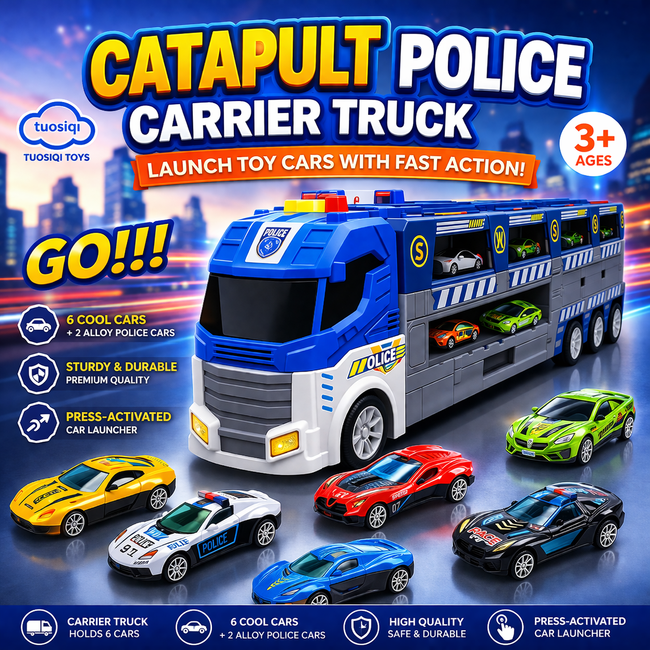 Police Transport Carrier Truck with 6 Die-Cast Cars, Foldable Race Track & Light/Sound Effects Hover Image