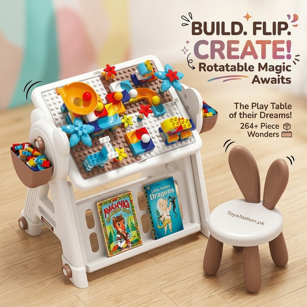 Kids’ 2-in-1 Rotatable Building Block Activity Table with Chair & Storage